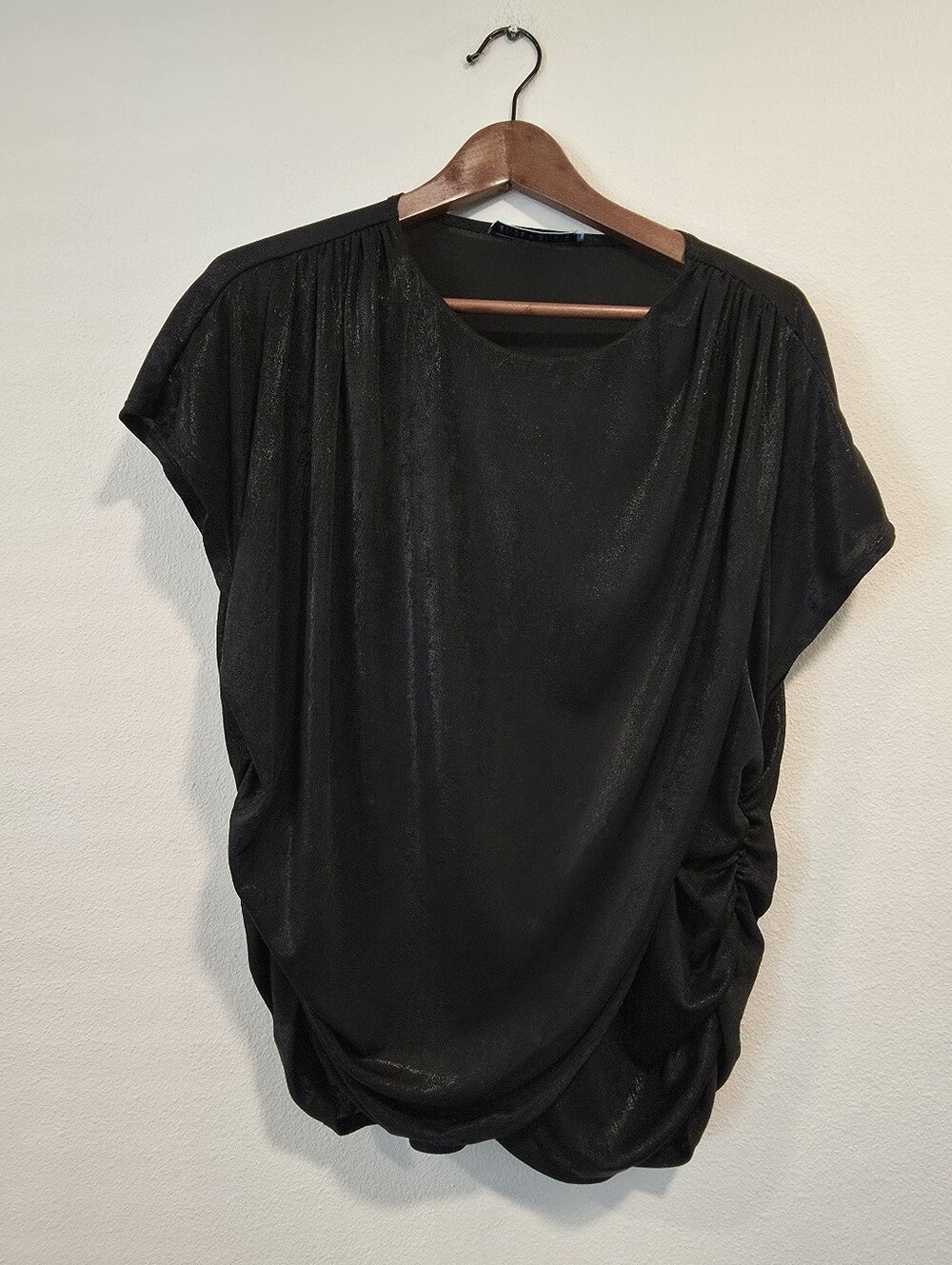 Alice and Olivia Black Shimmery Ruched Draped Top
